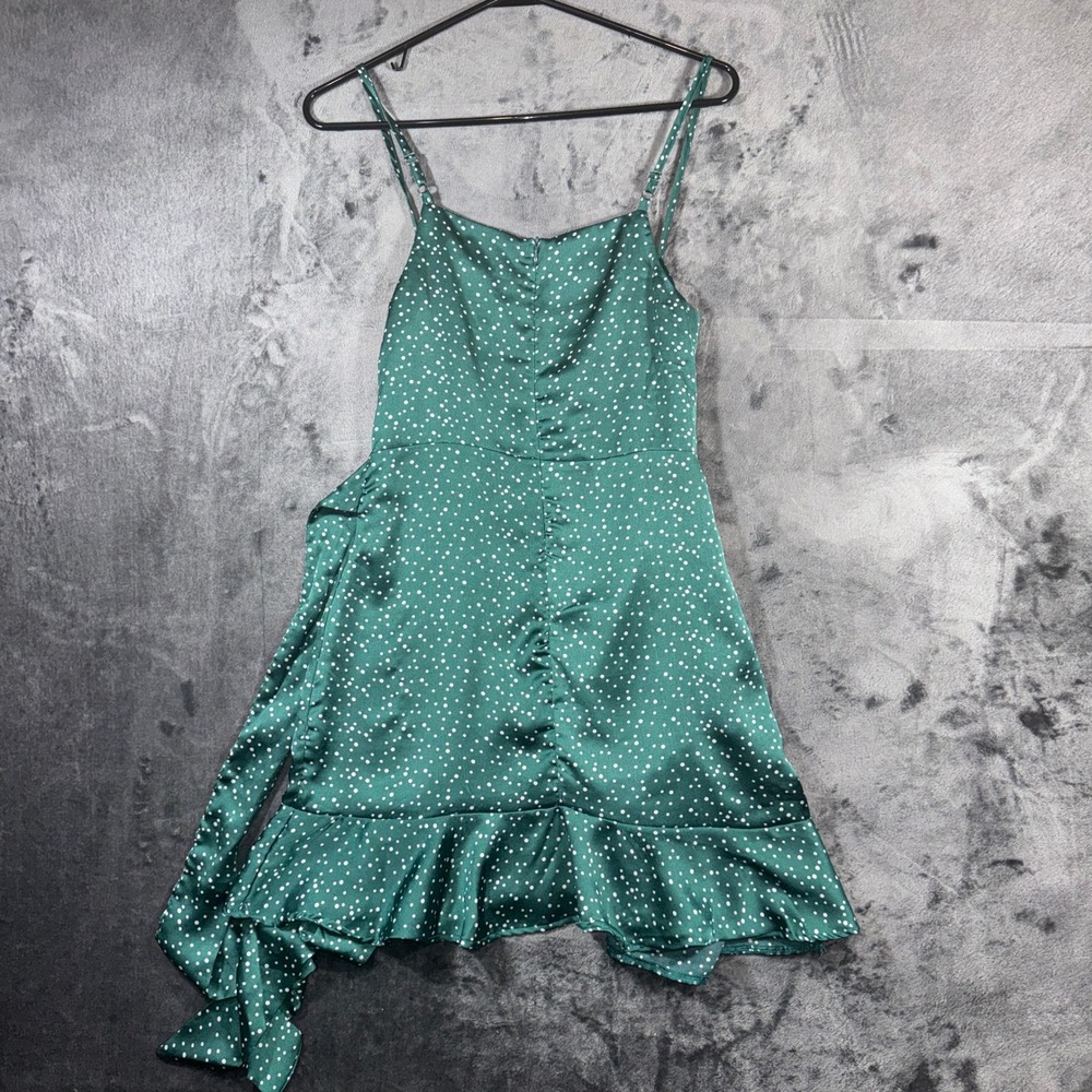 My Girl Dress Size 8 Emerald Green Polka Dot Ruffle Wrap Mini Tie Waist